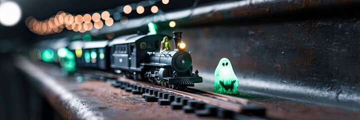 Fototapeta premium Spooky Halloween Train Night Scene Miniature Locomotive Ghost Lights