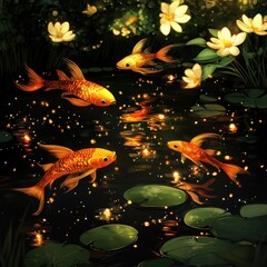 Koi pond night scene, glowing fireflies, lily pads, serenity