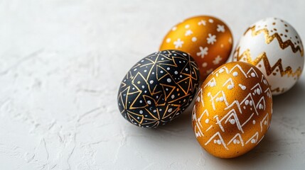 Golden and black decorated easter eggs on textured background. Easter, Pascha, Paskha, Ostern, Pascua, Paques - Orthodox and Catholic Holiday celebration
