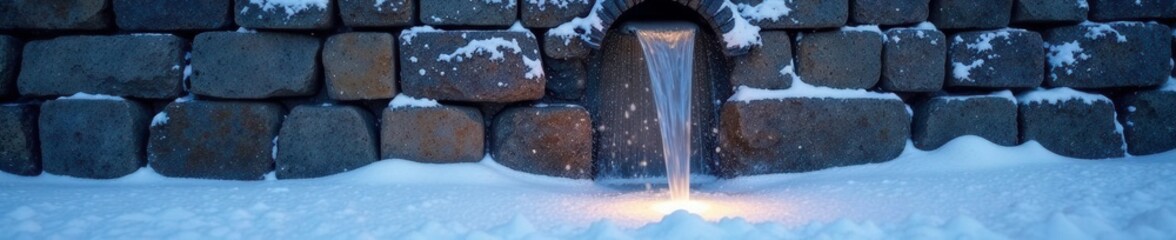Glanzender Wassertropfen auf einer schneebedeckten Mauer, snow, frosty atmosphere, stone wall