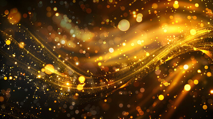 A vibrant abstract background featuring golden particles and flowing light effects.