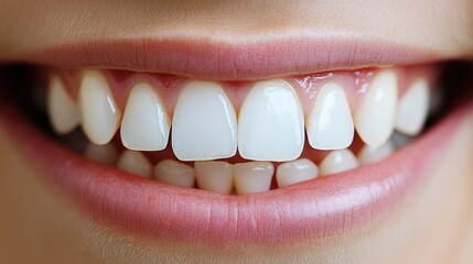 Close-up of smiling caucasian woman's teeth showing dental health and perfect alignment