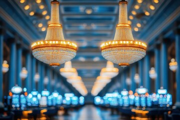 A luxurious casino interior with chandeliers and a crowded gaming floor, elegant and dynamic