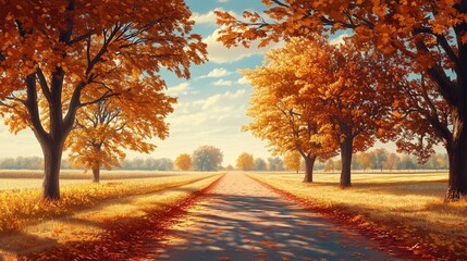 Scenic drive through a countryside with autumn trees - generated AI