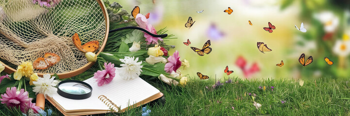 Springtime Nature Scene Butterflies Flowers Net Magnifying Glass Notebook