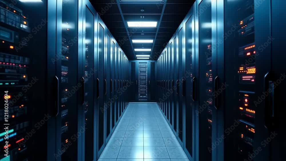 Poster futuristic data center aisle with blue lighting and server racks displaying technology and connectiv