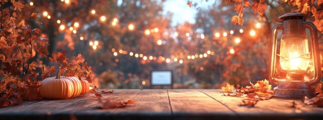 Obraz premium Cozy autumn evening scene with glowing lantern, vibrant orange leaves, festive pumpkin, and twinkling lights creating a magical atmosphere in an outdoor setting.