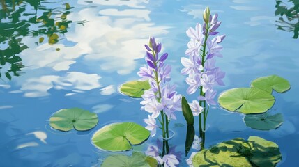 Pond, flowers, reflection, water, sky, summer, illustration, serenity, peaceful, nature