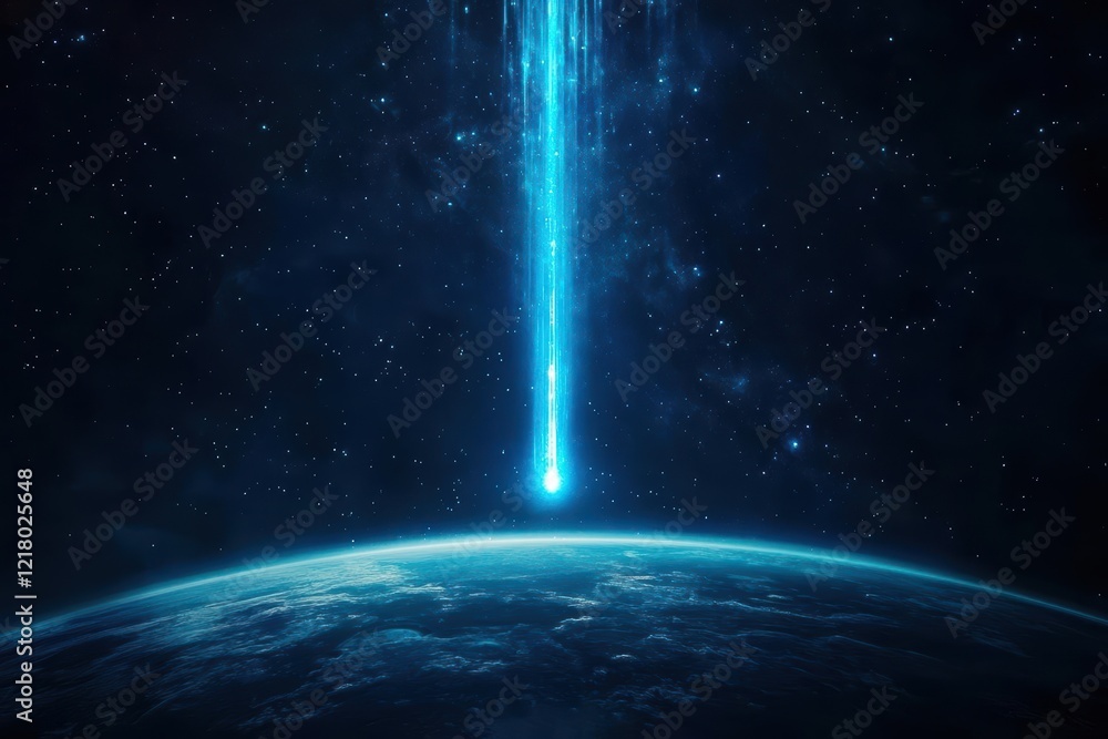 Poster Mysterious Blue Light Emanating from the Core of a Celestial Planet Illuminating the Surrounding Cosmic Space Evoking a Sense of Wonder and Discovery