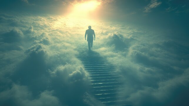 Silhouette of man on staircase ascending into cloudy sky toward glowing light. Easter, Pascha, Paskha, Ostern, Pascua, Paques - Orthodox and Catholic Holiday celebration