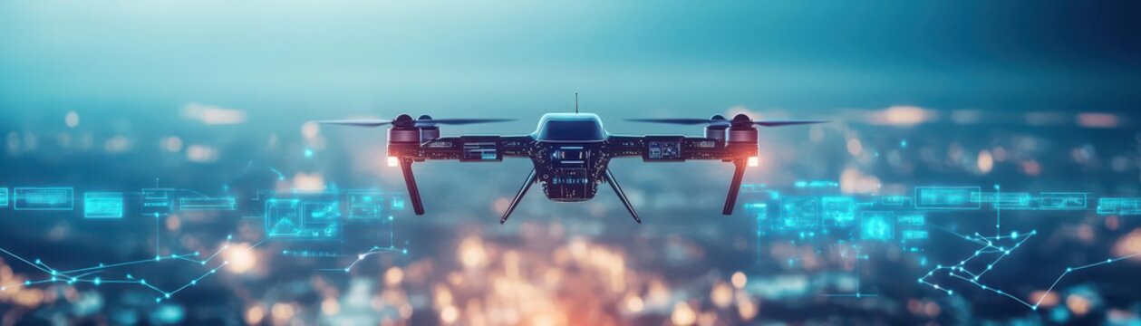 A military drone patrolling a futuristic battlefield, glowing interfaces and advanced weaponry