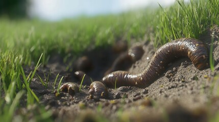 Fototapeta premium Earthworms emerging from soil in grassy field