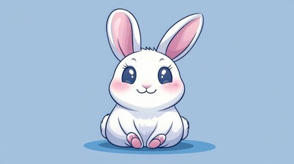 Adorable cartoon white rabbit with pink ears on blue background. Easter, Pascha, Paskha, Ostern, Pascua, Paques - Orthodox and Catholic Holiday celebration