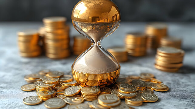 Golden Hourglass and Stacks of Coins Representing Time, Wealth, and Financial Success