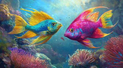 Fototapeta premium A hyperrealistic digital painting of two vividly colored exotic fish