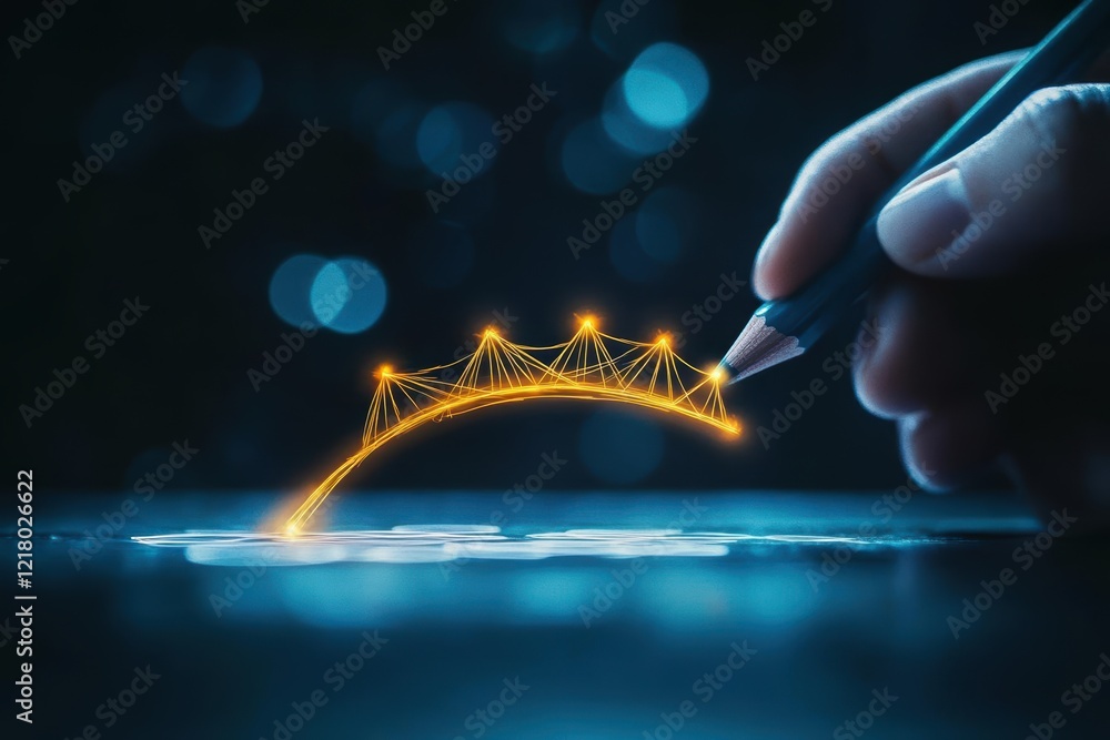 Poster artistic representation of a hand skillfully holding a pen while drawing a detailed bridge on a blan