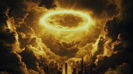 Fototapeta premium Golden ring above city, apocalyptic clouds, fantasy artwork