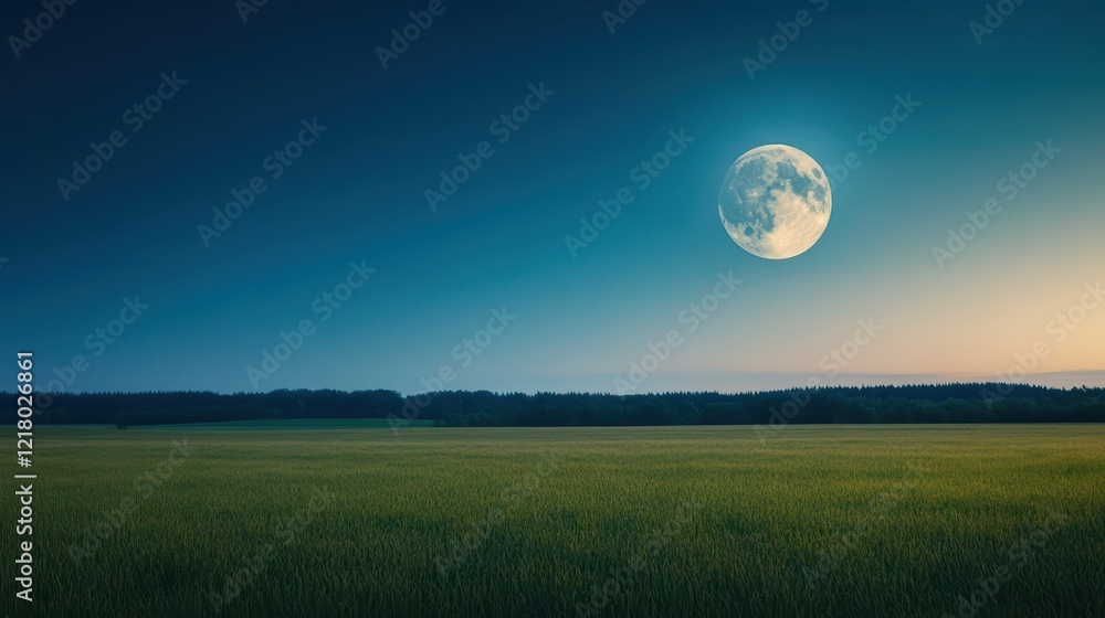 Aufkleber illuminating full moon casting soft glow over expansive lush green field understarry night sky creat