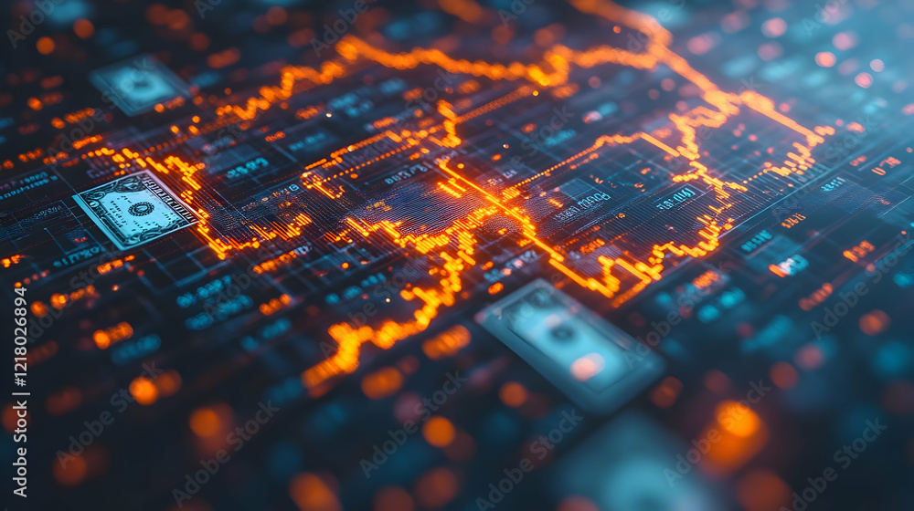 Poster abstract digital stock market data visualization with glowing lines and dollar currency symbols