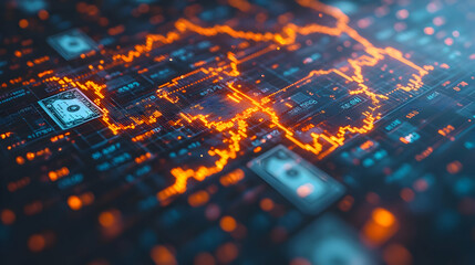 Abstract Digital Stock Market Data Visualization with Glowing Lines and Dollar Currency Symbols