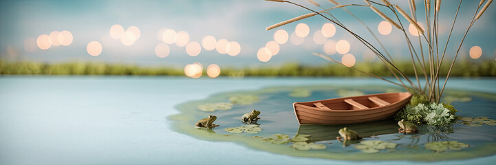 Fototapeta premium Serene Pond Scene Boat Frogs Lily Pads Peaceful Nature