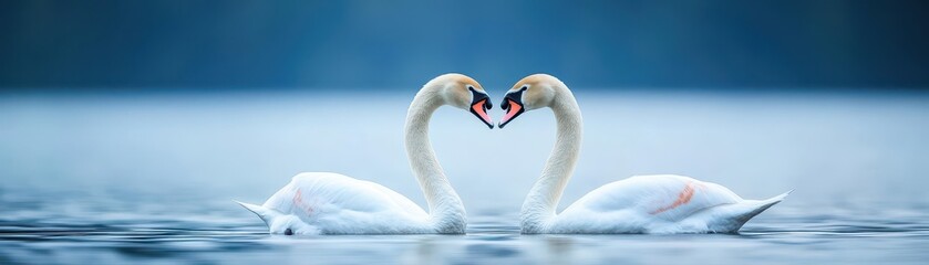 Fototapeta premium A pair of swans forming a heart shape with their necks, tranquil and beautiful, closeup