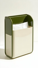 Olive green wall-mounted tissue holder, minimalist design, white background, home decor