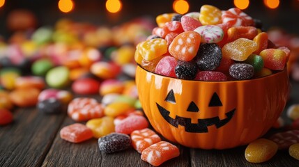 Halloween candy overflowing from pumpkin bucket with colorful assortment. Happy Halloween