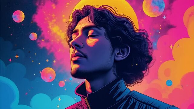 Surreal Portrait of a Young Man with Cosmic Background Featuring Bright Colors and Dreamy Atmosphere, Symbolizing Creativity and Inner Peace