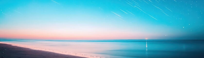 Fototapeta premium Enchanting Beach Scene at Night with Star Trails Illuminating the Sky Creating a Dreamy Atmosphere and a Sense of Tranquility and Wonder
