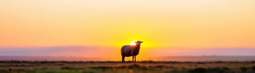 Fototapeta premium A peaceful farm scene at dawn with sheep silhouetted against a rising sun
