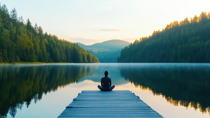 Obraz premium A peaceful image of a person sitting on a dock by a lake at sunrise, reflecting mindfulness