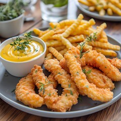 Crispy Chicken Tenders with Mustard Sauce and Fries: Close-up of a delicious plate of crispy, golden-brown chicken tenders served with a side of golden fries and a rich mustard dipping sauce.