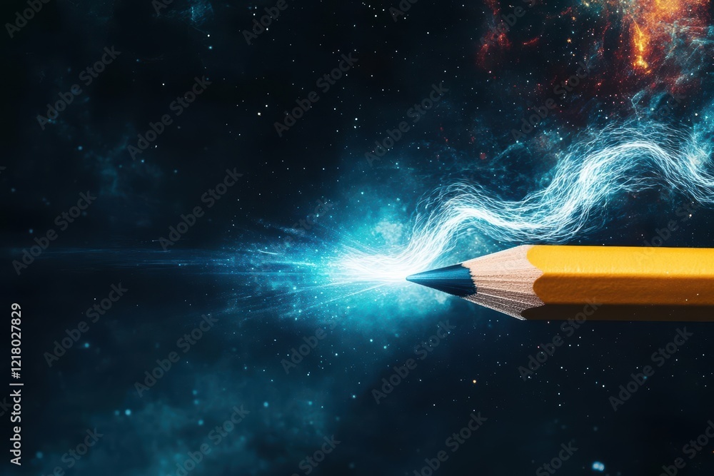 Poster Illuminated Pencil Emitting Soft Blue Light in a Dark Space Creating a Dreamy Ethereal Atmosphere Ideal for Artistic Inspiration and Creativity