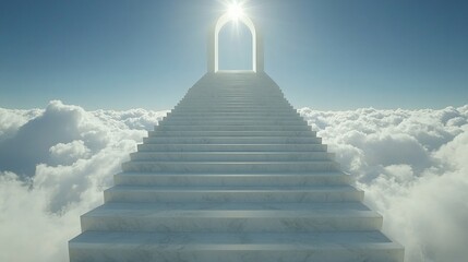 Majestic stairway to heaven through clouds and sunlit archway