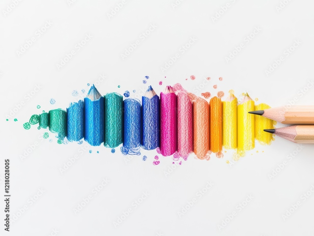 Aufkleber artistic pencil creating vibrant crayon rainbow on paper in a bright and cheerful studio setting evo