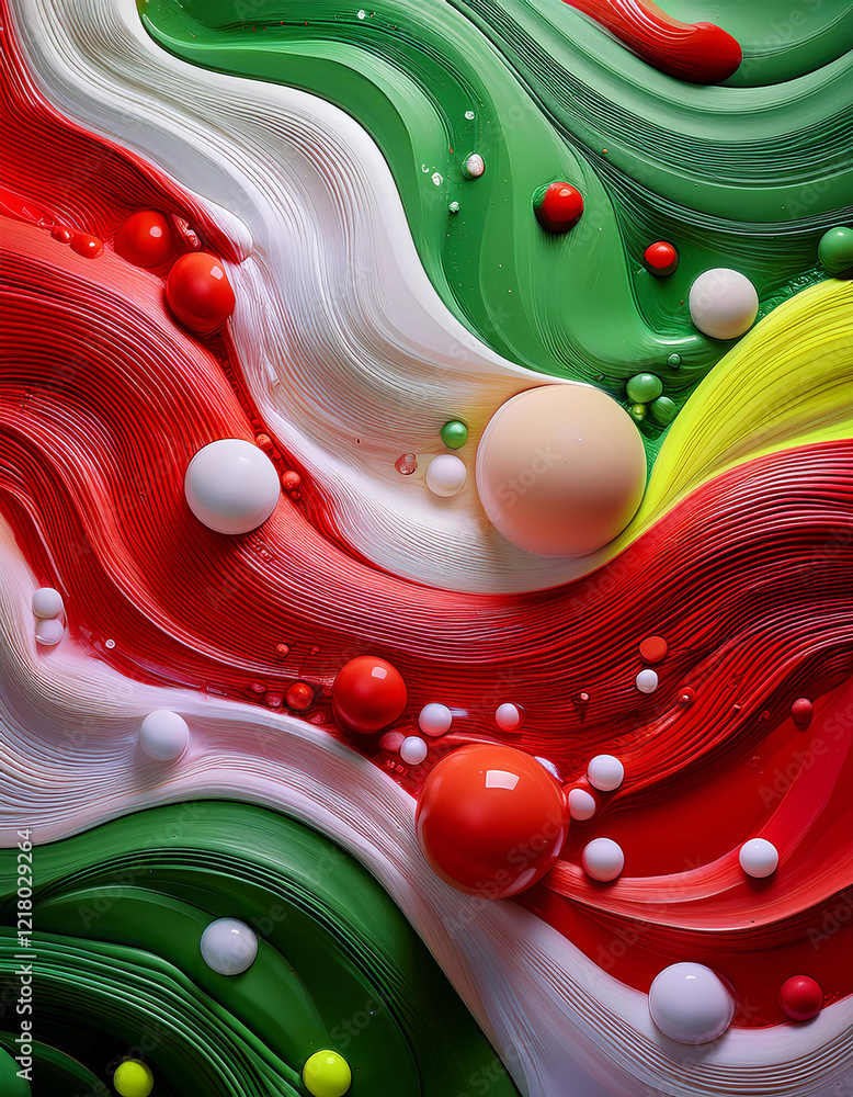 Poster colorful layered waves with variously sized spheres in red, green, white, and yellow tones, creating