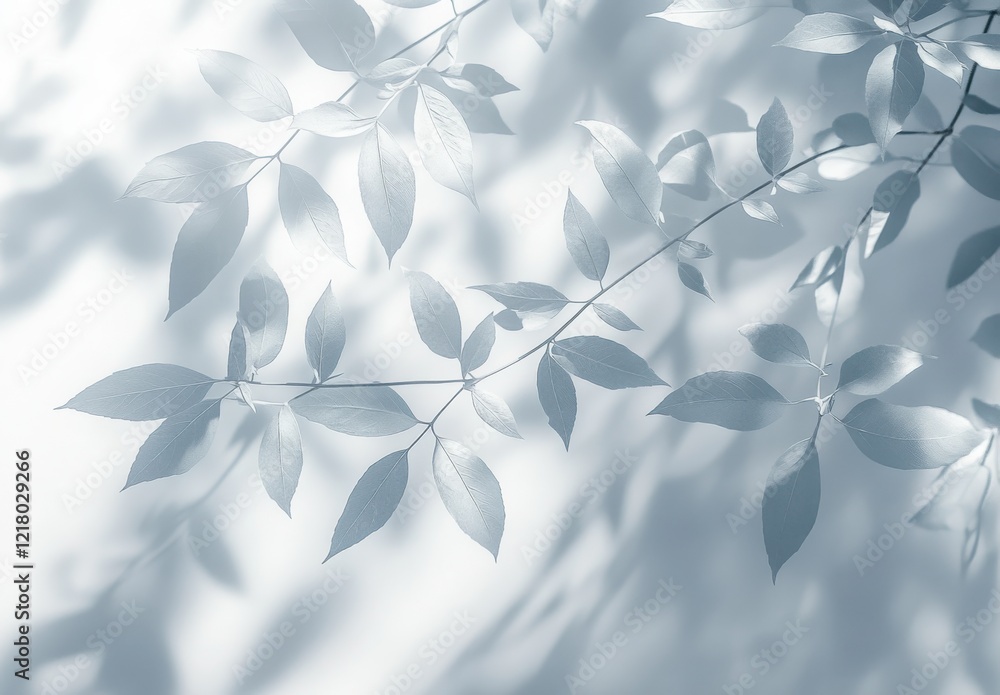 Poster delicate and ethereal white leaves casting soft shadows on a light background, perfect for nature an