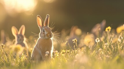 A serene scene featuring a rabbit sitting among flowers in a sunlit field, evoking a sense of tranquility and natural beauty.