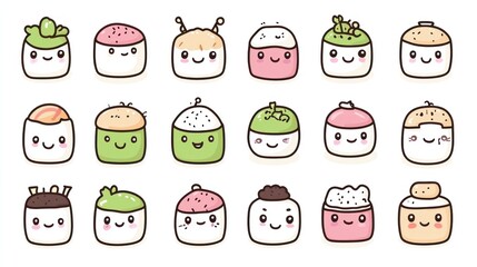 Cute cartoon sushi characters; food illustration, white background; kids menu design