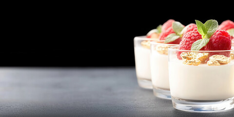 Delicious panna cotta dessert topped with fresh raspberries and mint leaves