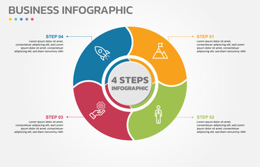 Visual data presentation. Cycle diagram with 4 options. Pie Chart Circle infographic template with 4 steps, options, parts, segments. Business concept. Marketing infographic vector illustration.