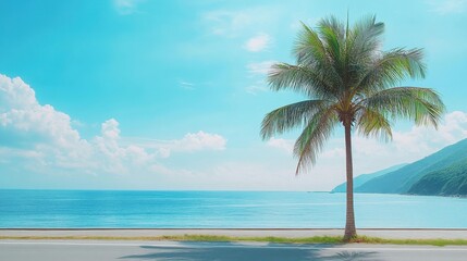 Obraz premium Serene coastal scene, palm tree by ocean. Ideal for travel, vacation, or summer themes, evokes relaxation and tranquility.