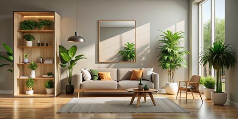Fototapeta premium Modern Minimalist Interior Design Featuring Reflective Mirror, Soft Lighting, and Elegant Decor Elements for a Serene Living Space