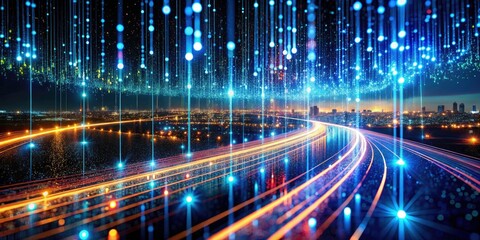 Night Photography Binary Code Streams: Digital Data Flow, Glowing Circuits, Abstract Dark Background