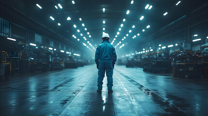 Fototapeta premium Engineer inspecting warehouse machinery at night