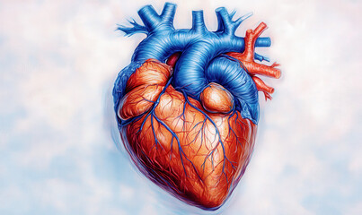 Naklejka premium A model of a human heart with red arteries and blue veins