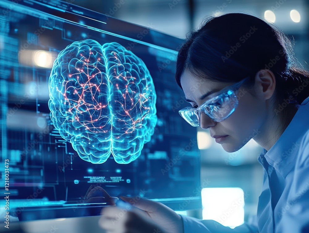 Poster focused woman in laboratory analyzing computer display of brain scan data surrounded by scientific e