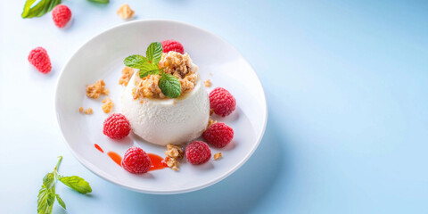 Luminous panna cotta topped with raspberries and mint leaves, served on white plate