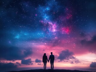 Obraz premium A romantic couple holding hands under a meteorfilled sky, warm and dreamy lighting